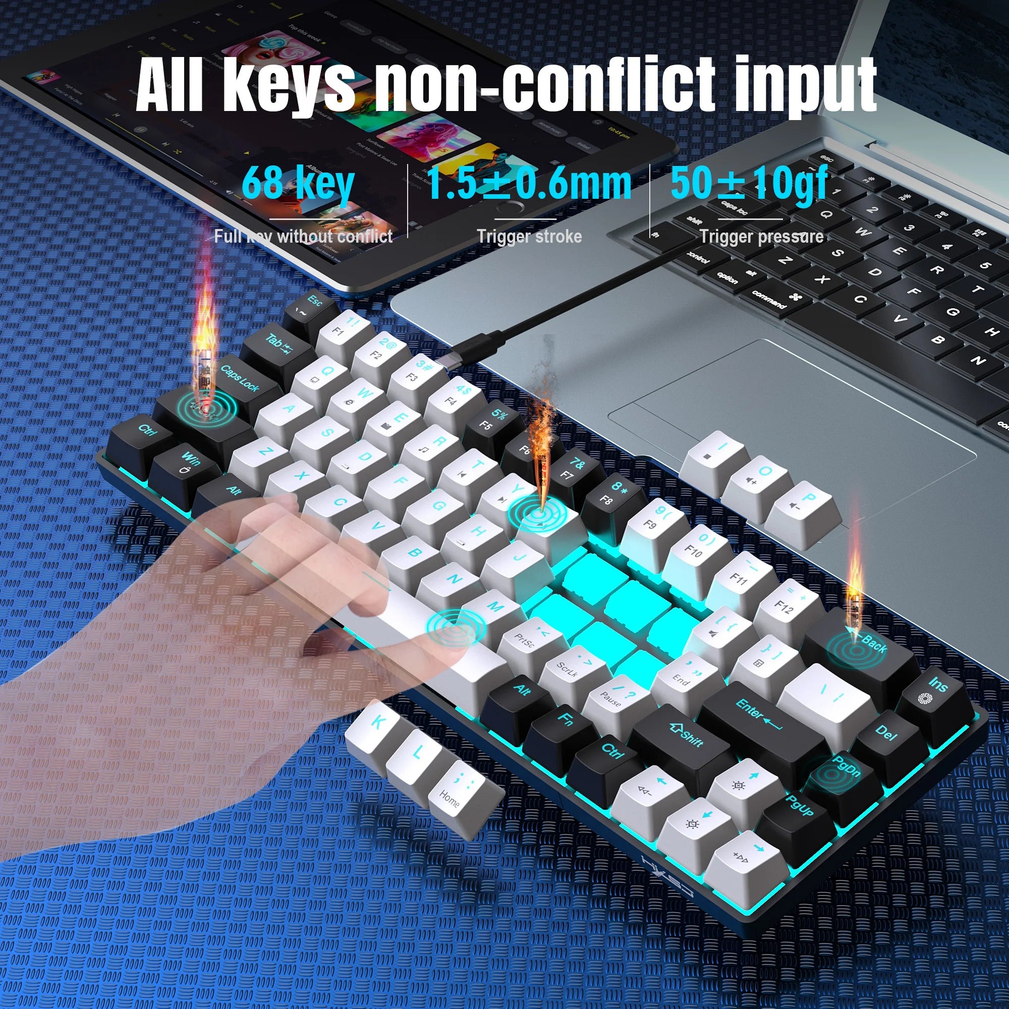 Tastiera meccanica ergonomica a 68 tasti con retroilluminazione RGB LED, Switch blu