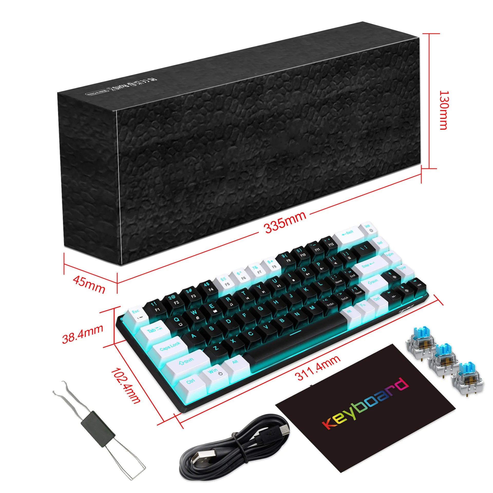Tastiera meccanica ergonomica a 68 tasti con retroilluminazione RGB LED, Switch blu