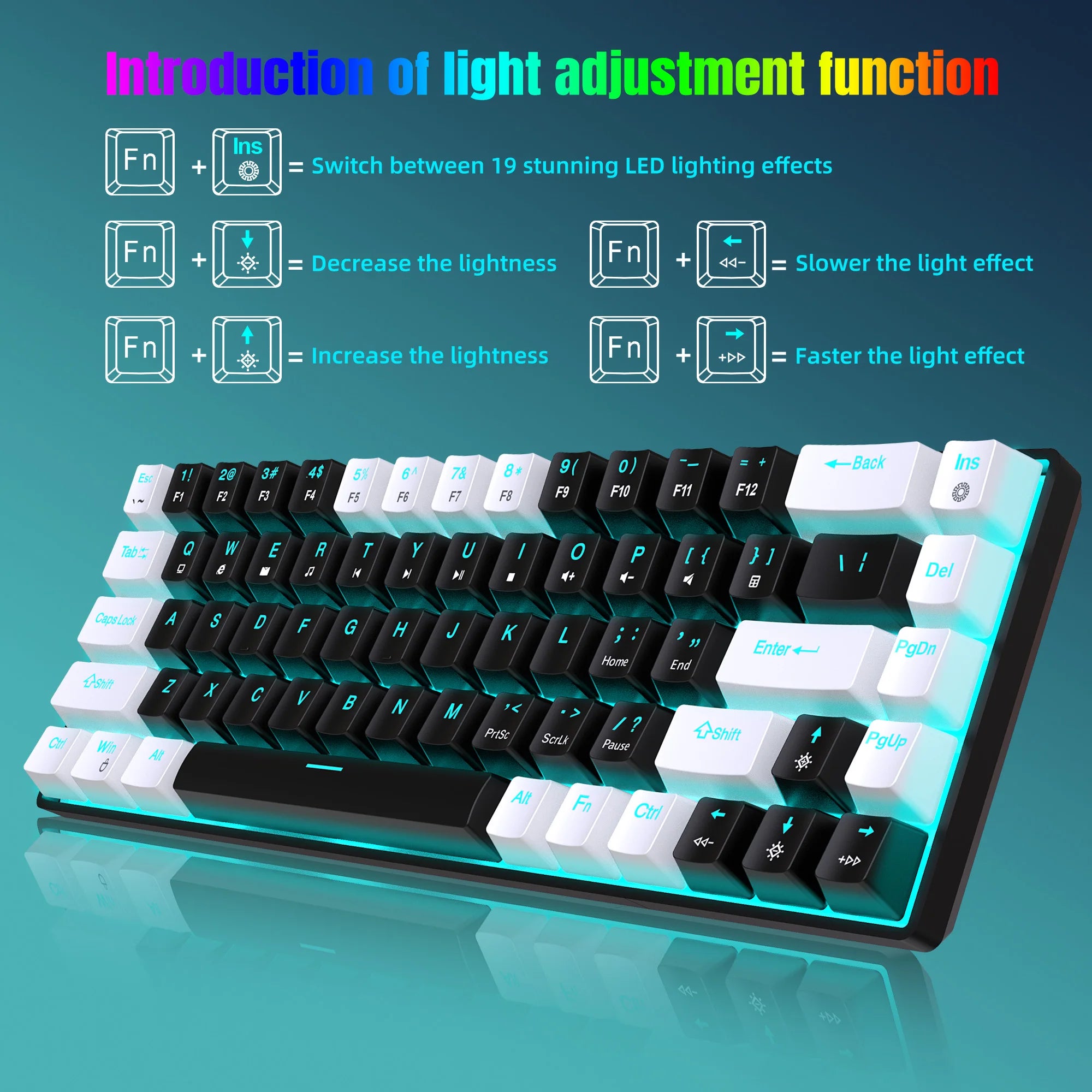 Tastiera meccanica ergonomica a 68 tasti con retroilluminazione RGB LED, Switch blu
