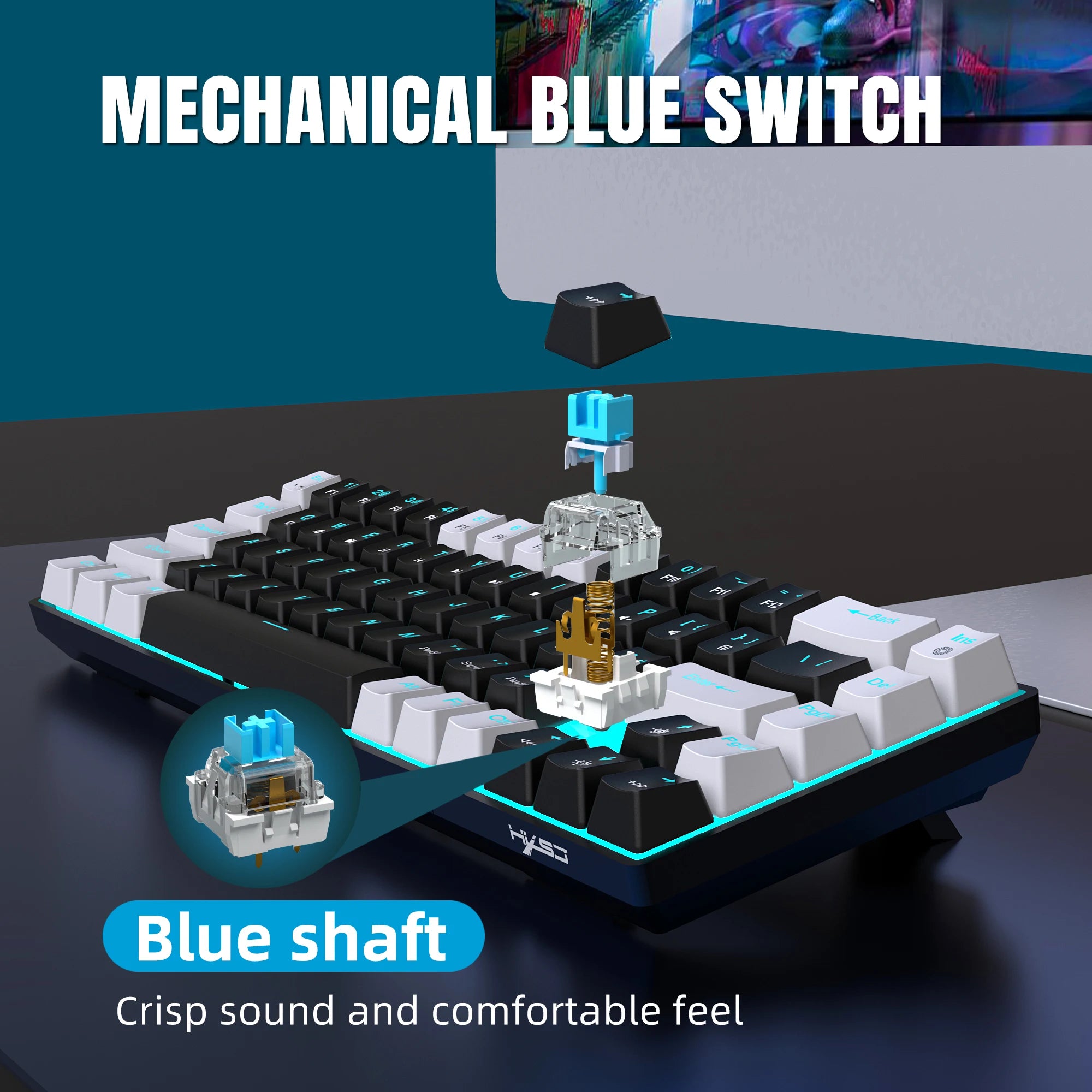 Tastiera meccanica ergonomica a 68 tasti con retroilluminazione RGB LED, Switch blu