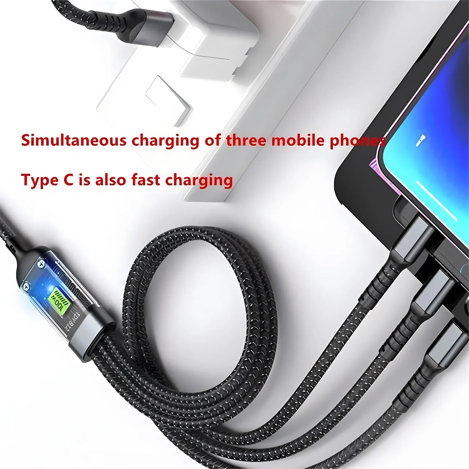 Cavo di ricarica rapida da 100 W, cavo multi-caricatore in nylon intrecciato, adattatore universale 3 in 1 per cavo di ricarica multiplo USB con micro USB di tipo C