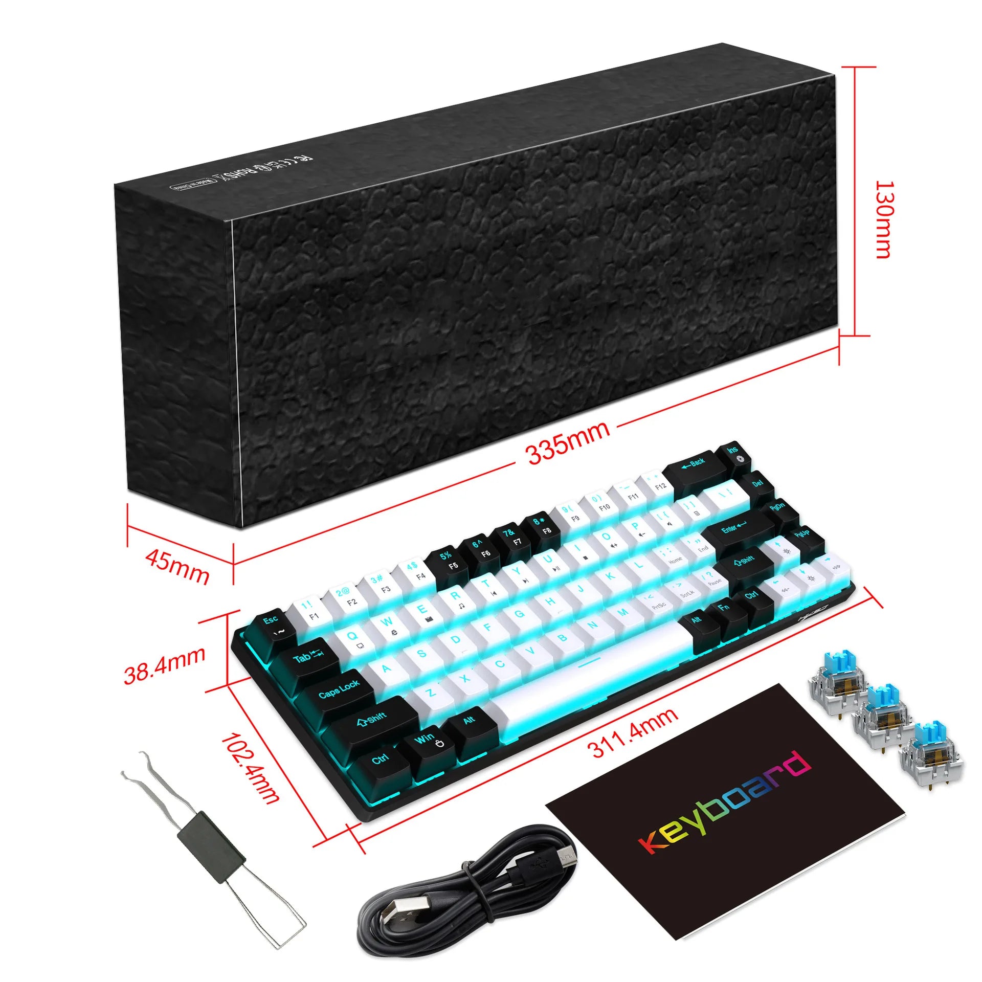 Tastiera meccanica ergonomica a 68 tasti con retroilluminazione RGB LED, Switch blu