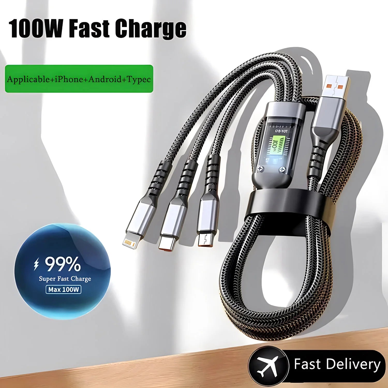 Cavo di ricarica rapida da 100 W, cavo multi-caricatore in nylon intrecciato, adattatore universale 3 in 1 per cavo di ricarica multiplo USB con micro USB di tipo C