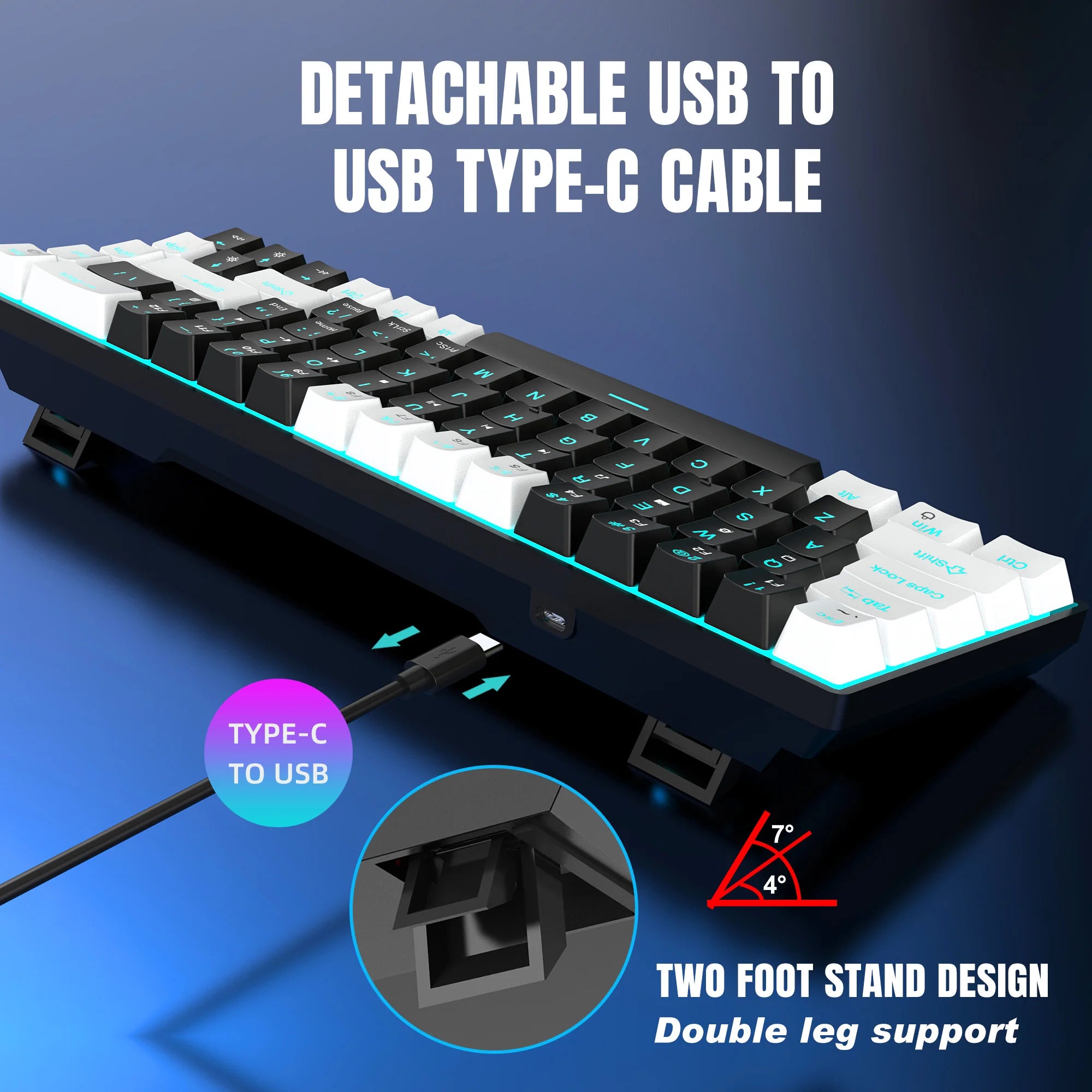 Tastiera meccanica ergonomica a 68 tasti con retroilluminazione RGB LED, Switch blu