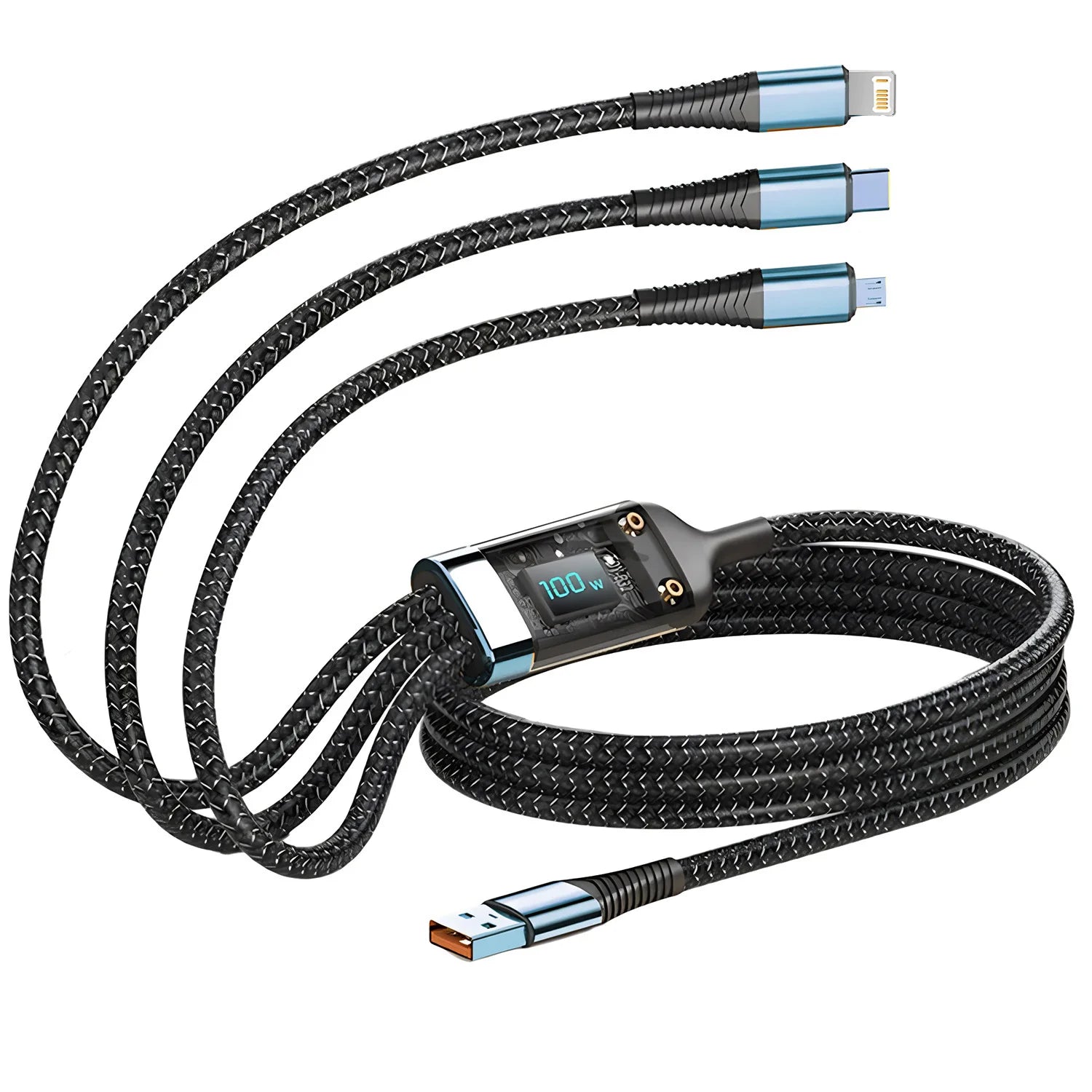 Cavo di ricarica rapida da 100 W, cavo multi-caricatore in nylon intrecciato, adattatore universale 3 in 1 per cavo di ricarica multiplo USB con micro USB di tipo C