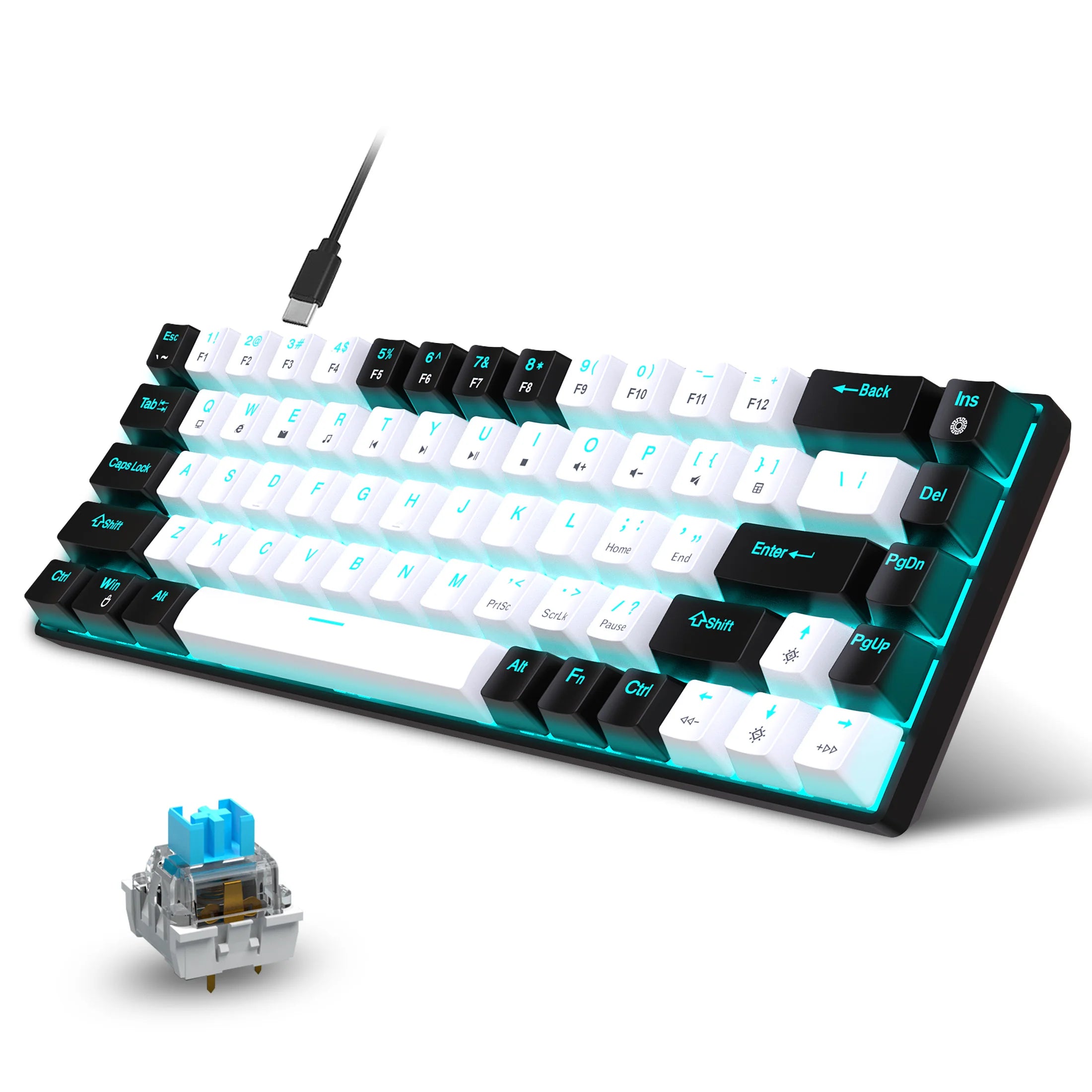 Tastiera meccanica ergonomica a 68 tasti con retroilluminazione RGB LED, Switch blu