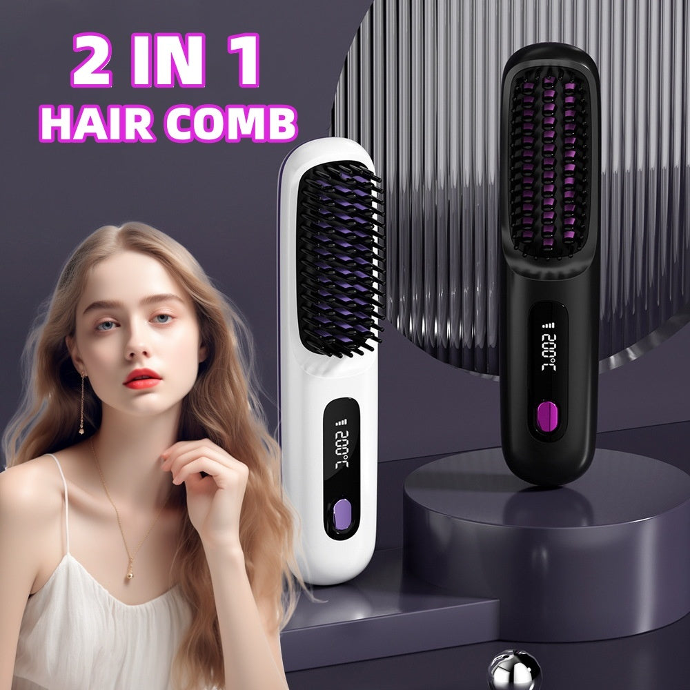 Pettine per capelli lisci 2 in 1, spazzola lisciante per capelli wireless, riscaldamento rapido, arricciacapelli portatile, ricarica USB